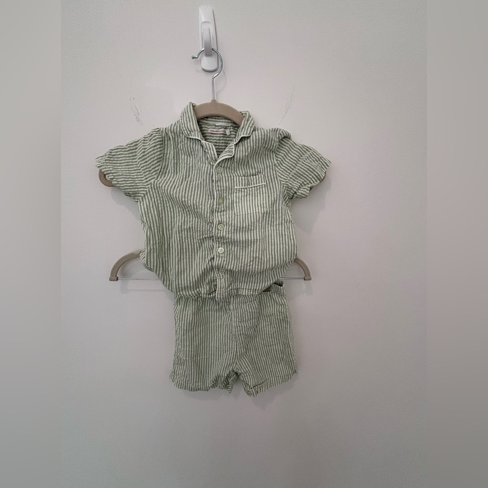 Monoprix Kids Striped Green Seersucker Kids Pajama Set, Size 5